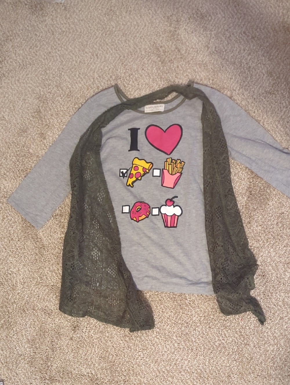 Bobbie Brooks Gray Tee with Hot Pink Heart and Olive Trim